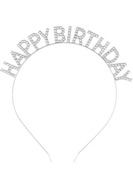 Gümüş Kristal Taşlı Happy Birthday Tacı