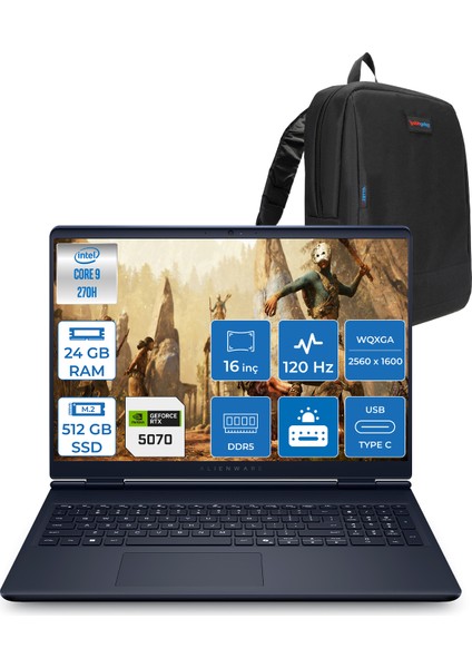 Alienware 16 Aurora Intel Core 9-270H Aı 24GB GB 512GB SSD 8GB/RTX5070 Gddr7 115W 16" 2.5k 2560 x 1600 Wqxga 120Hz Freedos Taşınabilir Bilgisayar WAC16250-C932157F01+ZETTAÇANTA