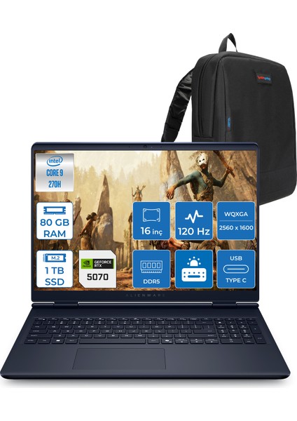 Alienware 16 Aurora Intel Core 9-270H Aı 80GB GB 1tb 8GB/RTX5070 Gddr7 115W 16" 2.5k 2560 x 1600 Wqxga 120Hz Freedos Taşınabilir Bilgisayar WAC16250-C932157F35+ZETTAÇANTA