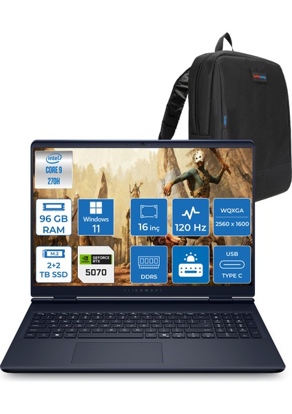 Alienware 16 Aurora Intel Core 9-270H Aı 96GB GB 2tb Ssd+2tb 8GB/RTX5070 Gddr7 115W 16" 2.5k 2560 x 1600 Wqxga 120Hz Windows 11 Home Taşınabilir Bilgisayar WAC16250-C932157H46+ZETTAÇANTA