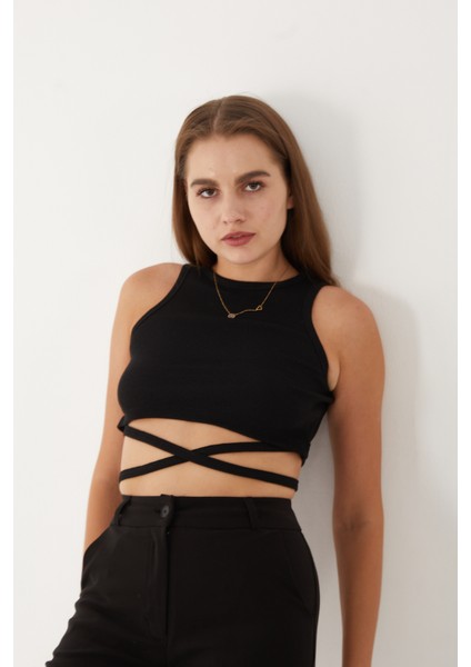 Kadın Sıfır Kol Ipli Çapraz Bağlamalı Pamuklu Fitilli Bluz Crop Top