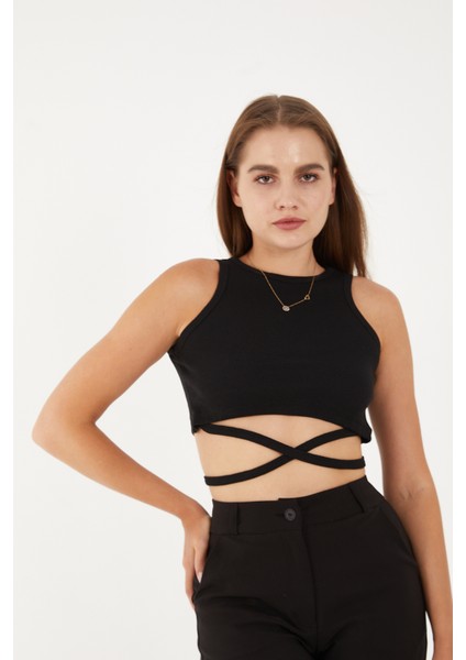 Kadın Sıfır Kol Ipli Çapraz Bağlamalı Pamuklu Fitilli Bluz Crop Top fırsatları