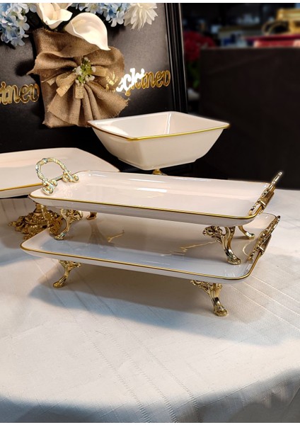 Gold Seçkinev Pisa 4 Parça Ayaklı ve Kulplu Krem(Kırık Beyaz) Porselen Sunum Tabağı Set