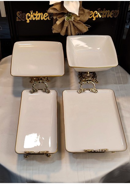 Gold Seçkinev Pisa 4 Parça Ayaklı ve Kulplu Krem(Kırık Beyaz) Porselen Sunum Tabağı Set fiyatları