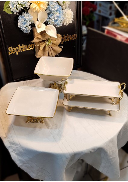 Gold Seçkinev Pisa 4 Parça Ayaklı ve Kulplu Krem(Kırık Beyaz) Porselen Sunum Tabağı Set modelleri