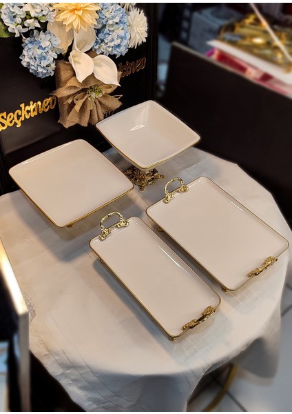 Gold Seçkinev Pisa 4 Parça Ayaklı ve Kulplu Krem(Kırık Beyaz) Porselen Sunum Tabağı Set fırsatları