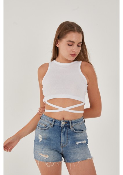 Kadın Sıfır Kol Ipli Çapraz Bağlamalı Pamuklu Fitilli Bluz Crop Top