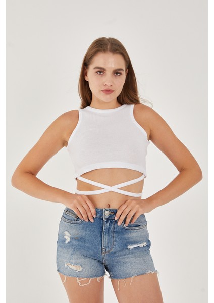 Kadın Sıfır Kol Ipli Çapraz Bağlamalı Pamuklu Fitilli Bluz Crop Top modelleri