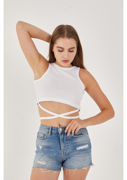 Kadın Sıfır Kol Ipli Çapraz Bağlamalı Pamuklu Fitilli Bluz Crop Top fırsatları
