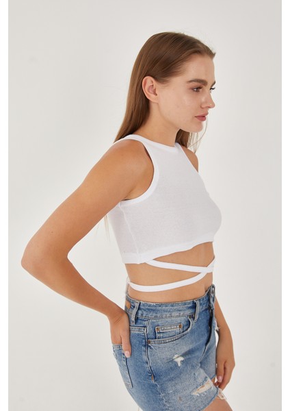 Kadın Sıfır Kol Ipli Çapraz Bağlamalı Pamuklu Fitilli Bluz Crop Top indirimleri