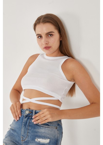 Kadın Sıfır Kol Ipli Çapraz Bağlamalı Pamuklu Fitilli Bluz Crop Top
