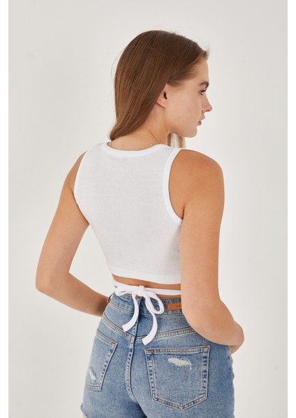 Kadın Sıfır Kol Ipli Çapraz Bağlamalı Pamuklu Fitilli Bluz Crop Top