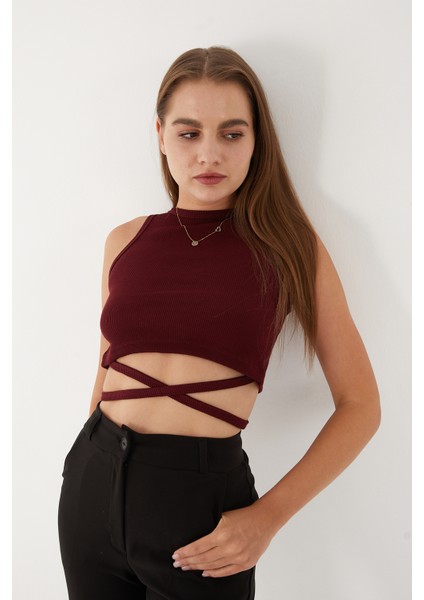 Kadın Sıfır Kol Ipli Çapraz Bağlamalı Pamuklu Fitilli Bluz Crop Top