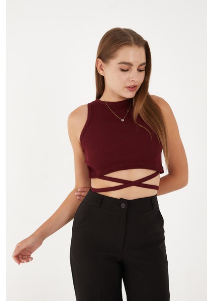 Kadın Sıfır Kol Ipli Çapraz Bağlamalı Pamuklu Fitilli Bluz Crop Top fırsatları