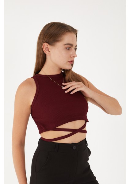 Kadın Sıfır Kol Ipli Çapraz Bağlamalı Pamuklu Fitilli Bluz Crop Top