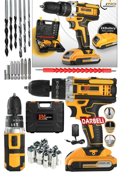 10 mm Darbeli Şarjlı Matkap, LED Işıklı, Çift Akülü, Yedek Pil, Güçlü ve Pratik