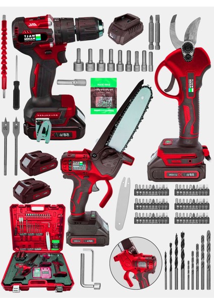 3'lü Li-Ion Batarya Seti ile Şarjlı Matkap Kırmızı Renkli