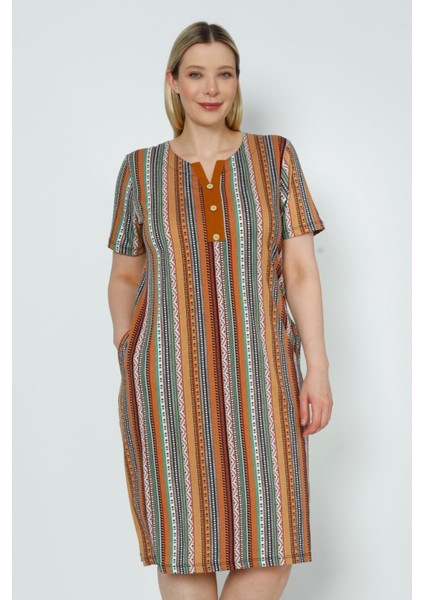 Kadın Kısa Kollu Desenli Cepli Büyük Beden Pamuklu Elbise