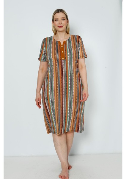 Kadın Kısa Kollu Desenli Cepli Büyük Beden Pamuklu Elbise modelleri