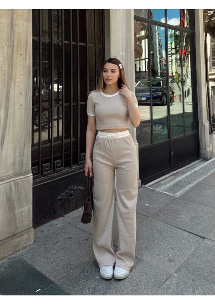 Crop Pantolon Biyeli Takım Bej