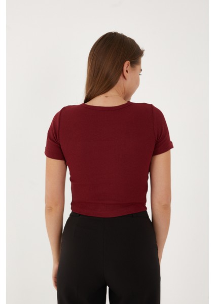 Kadın Kısa Kollu Göğüs Dekolte Detaylı Pamuklu Fitilli Bluz Crop T- Shirt modelleri