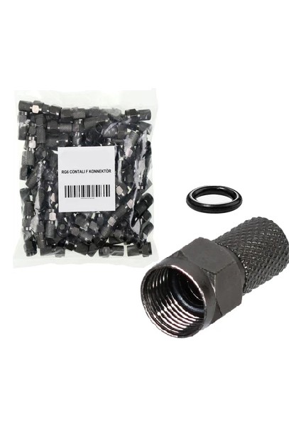 Contalı F Konnektör Geniş 22 mm (100 Adet) Geniş Kablo Uyumlu / Su Geçirmez / Black