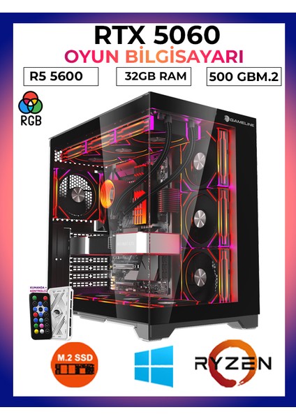 Pro X4 Ryzen 5 5600 32GB Ram 500GB M.2 Nvme SSD RTX5060 Oyuncu Free Dos Masaüstü Bilgisayar