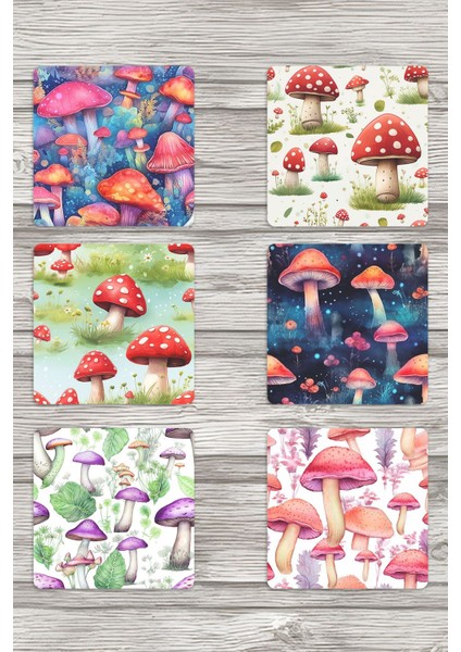 Renkli Mantarlar No:2 Baskılı 6'lı Set Dekoratif Ahşap Kare Bardak Altlığı