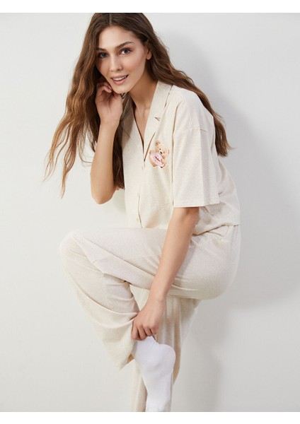 Yeni Sezon Gomlek Yaka Ayi Teddy Baskili Kadin Pijama Takimi - S5GT42Z8
