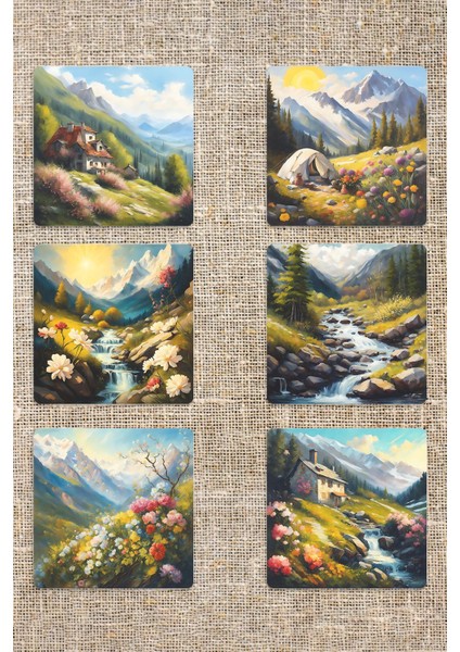 Doğa Temalı Manzara Baskılı 6'lı Set Dekoratif Ahşap Kare Bardak Altlığı