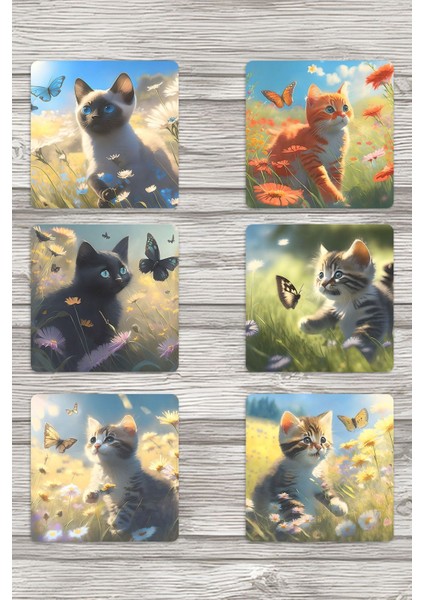 Yaz Temalı Sevimli Kediler Baskılı 6'lı Set Dekoratif Ahşap Kare Bardak Altlığı