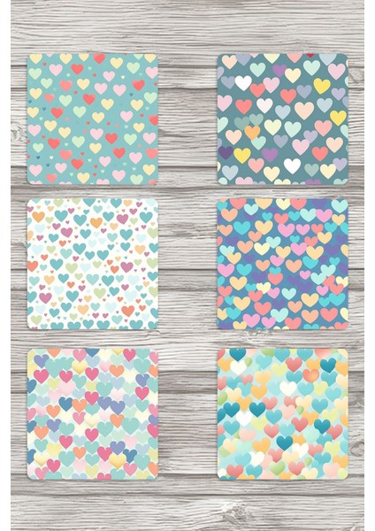 Pastel Kalpler No:1 Baskılı 6'lı Set Dekoratif Ahşap Kare Bardak Altlığı