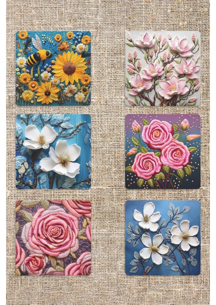 Doğal Çiçekler Temalı Hediyelik Baskılı 6'lı Set Dekoratif Ahşap Kare Bardak Altlığı