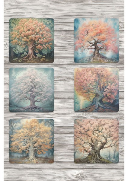 Vintage Ağaçlar No:5 Baskılı 6'lı Set Dekoratif Ahşap Kare Bardak Altlığı