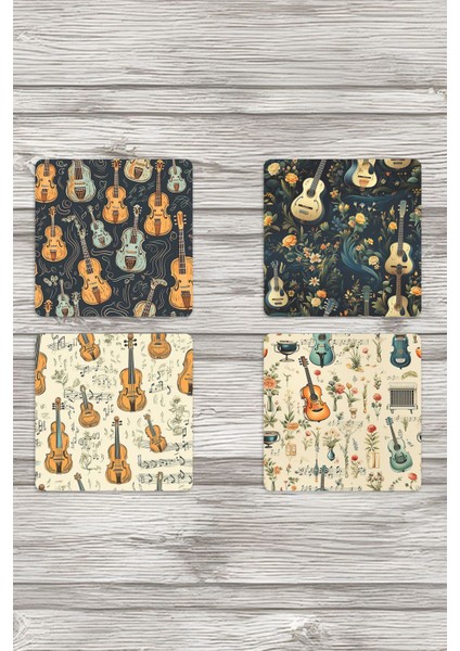 Violin Temalı No:3 Baskılı 4'lü Set Dekoratif Ahşap Kare Bardak Altlığı