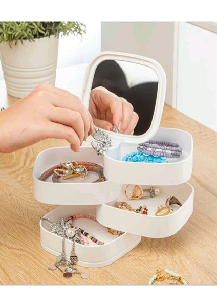 Beyaz 4 Katlı Aynalı Takı Organizeri, 360° Dönebilen Kare Kutusu
