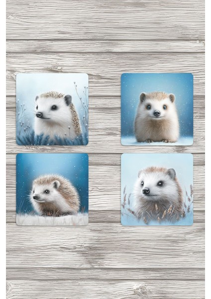 Kirpi Kış Temalı Baskılı 4'lü Set Dekoratif Ahşap Kare Bardak Altlığı