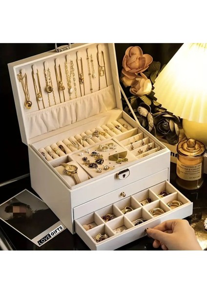 Büyük Kapasiteli Üç Katmanlı Takı Kutusu, Kolye, Küpe, Yüzük ve Saat Saklama Organizer