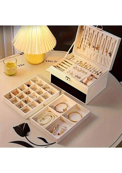 Büyük Kapasiteli Üç Katmanlı Takı Kutusu, Kolye, Küpe, Yüzük ve Saat Saklama Organizer fiyatları