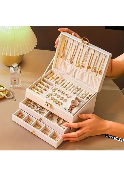Büyük Kapasiteli Üç Katmanlı Takı Kutusu, Kolye, Küpe, Yüzük ve Saat Saklama Organizer indirimleri