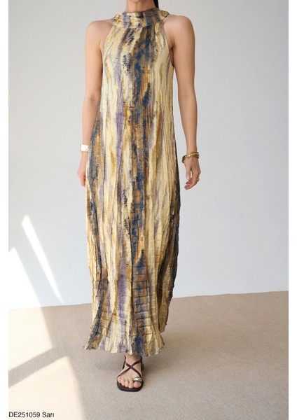 Sienna Batik Desenli Pliseli Maxi Elbise
