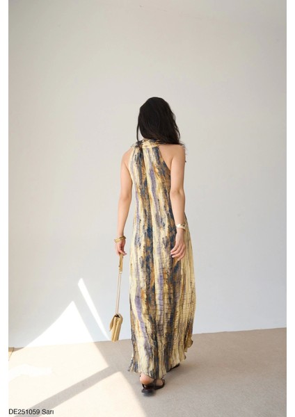 Sienna Batik Desenli Pliseli Maxi Elbise
