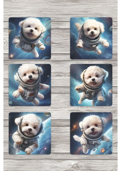 Sevimli Astronot Köpekler No:4 Baskılı 6'lı Set Dekoratif Ahşap Kare Bardak Altlığı