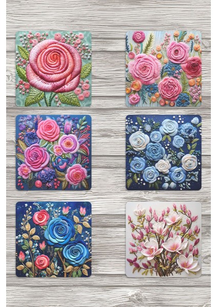 Doğal Çiçekler Temalı No:3 Hediyelik Baskılı 6'lı Set Dekoratif Ahşap Kare Bardak Altlığı