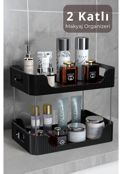 Iki Katlı Çok Amaçlı Makyaj ve Kozmetik Organizer, Siyah, Banyo ve Takı Düzenleyici