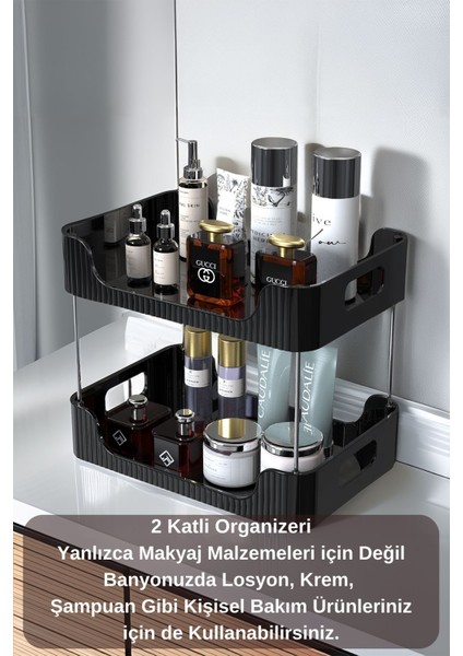 Iki Katlı Çok Amaçlı Makyaj ve Kozmetik Organizer, Siyah, Banyo ve Takı Düzenleyici fiyatları