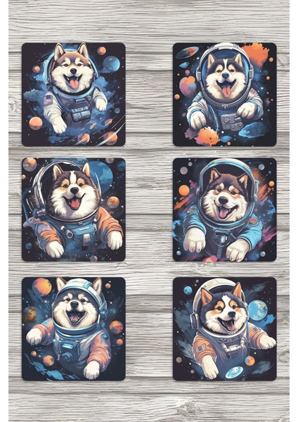 Sevimli Astronot Köpekler No:1 Baskılı 6'lı Set Dekoratif Ahşap Kare Bardak Altlığı