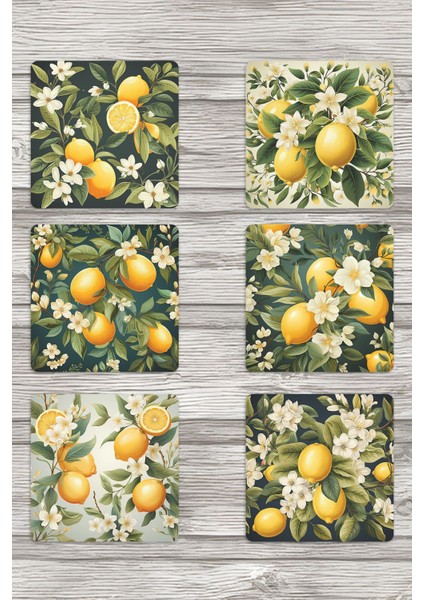 Limon Desenli No:4 Baskılı 6'lı Set Dekoratif Ahşap Kare Bardak Altlığı