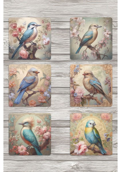 Vintage Kuş Temalı No:1 Baskılı 6'lı Set Dekoratif Ahşap Kare Bardak Altlığı