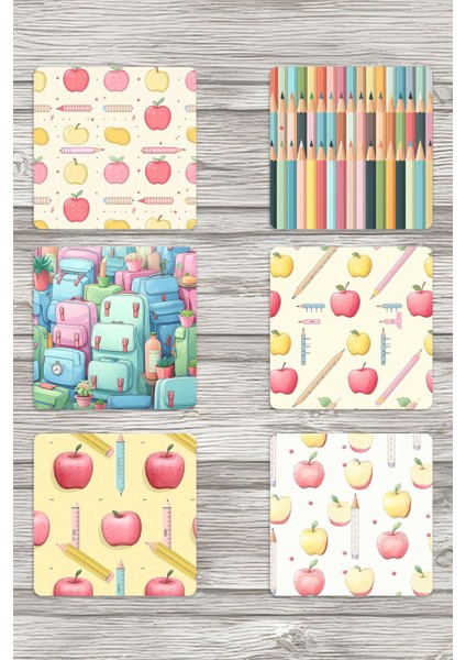 Okula Dönüş Temalı Baskılı 6'lı Set Dekoratif Ahşap Kare Bardak Altlığı